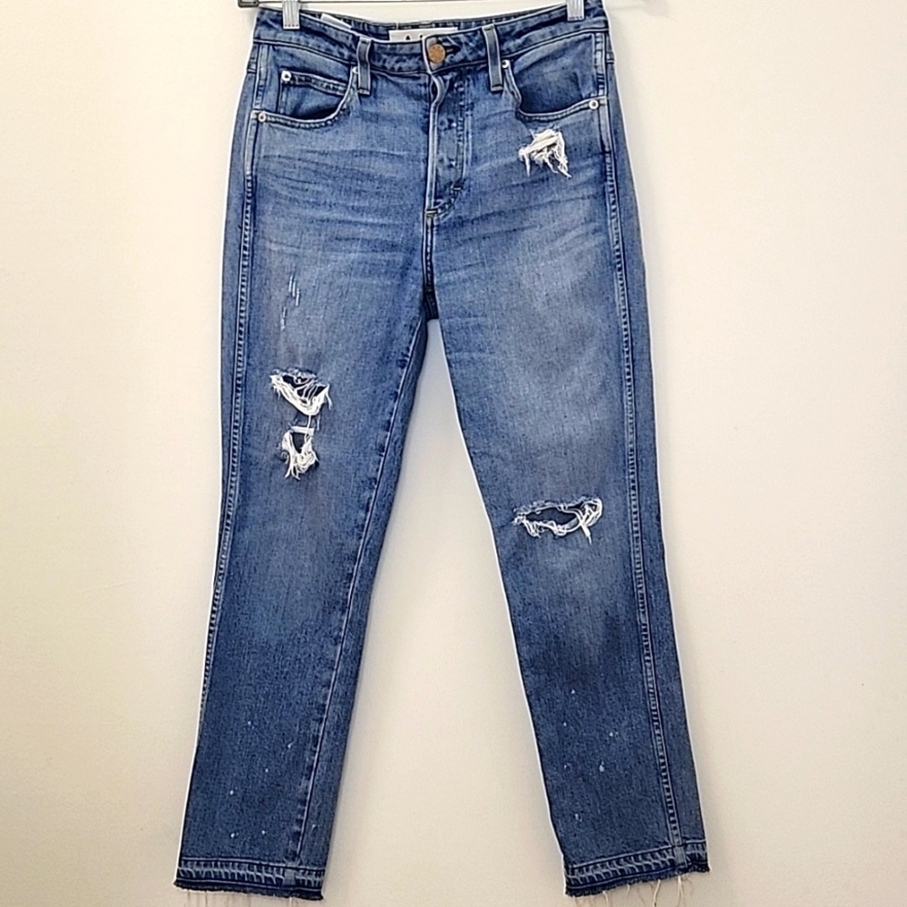 Amo Babe Forget Me Not Straight cropped Blue Distressed Women Jeans Size 28 - Picture 2 of 16